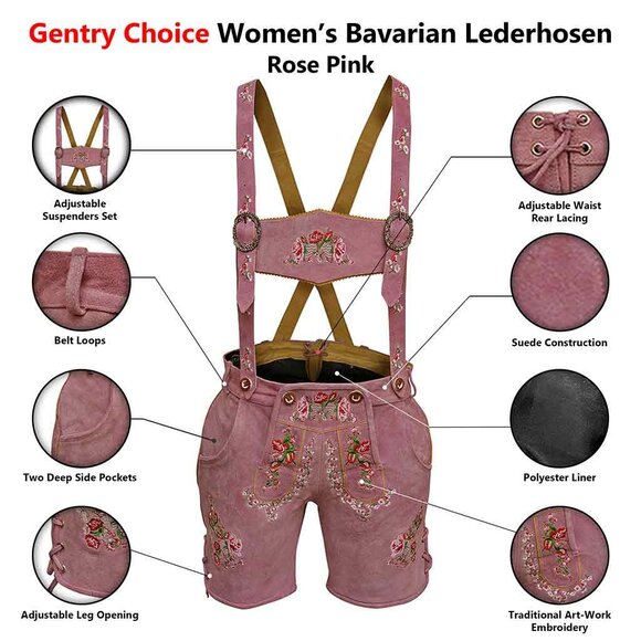 Oktoberfest Women Lederhosen Rose Pink Bavarian Leather Suede Lederhosen NEW - Picture 6 of 10